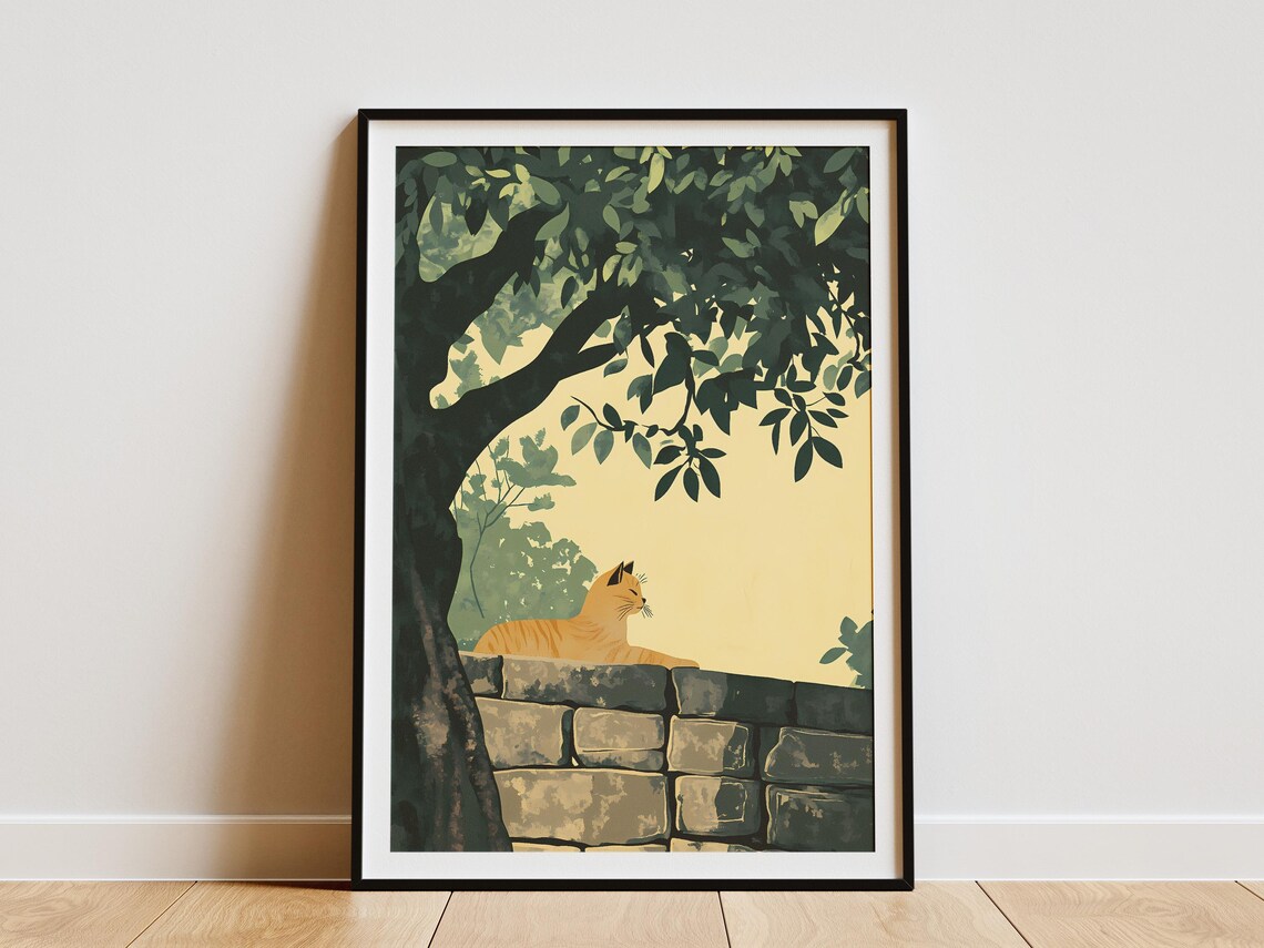 Orange Tabby Cat Resting on Stone Wall Under Leafy Tree Warm Art Poster