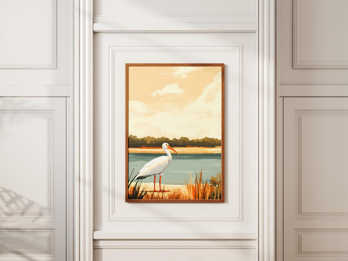 White Ibis Wading at a River Estuary Coastal Bird Art Poster - Image 2