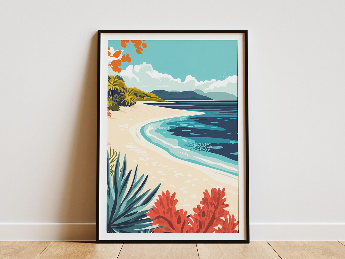 New Caledonia Curved Coral Beach Turquoise Bay Travel Poster