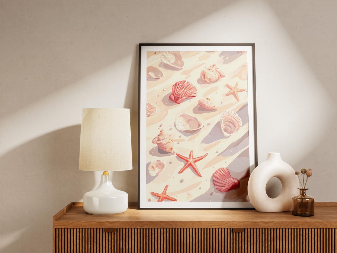 Pastel Pink Seashells And Starfish On Sandy Beach Shore Poster - Image 5