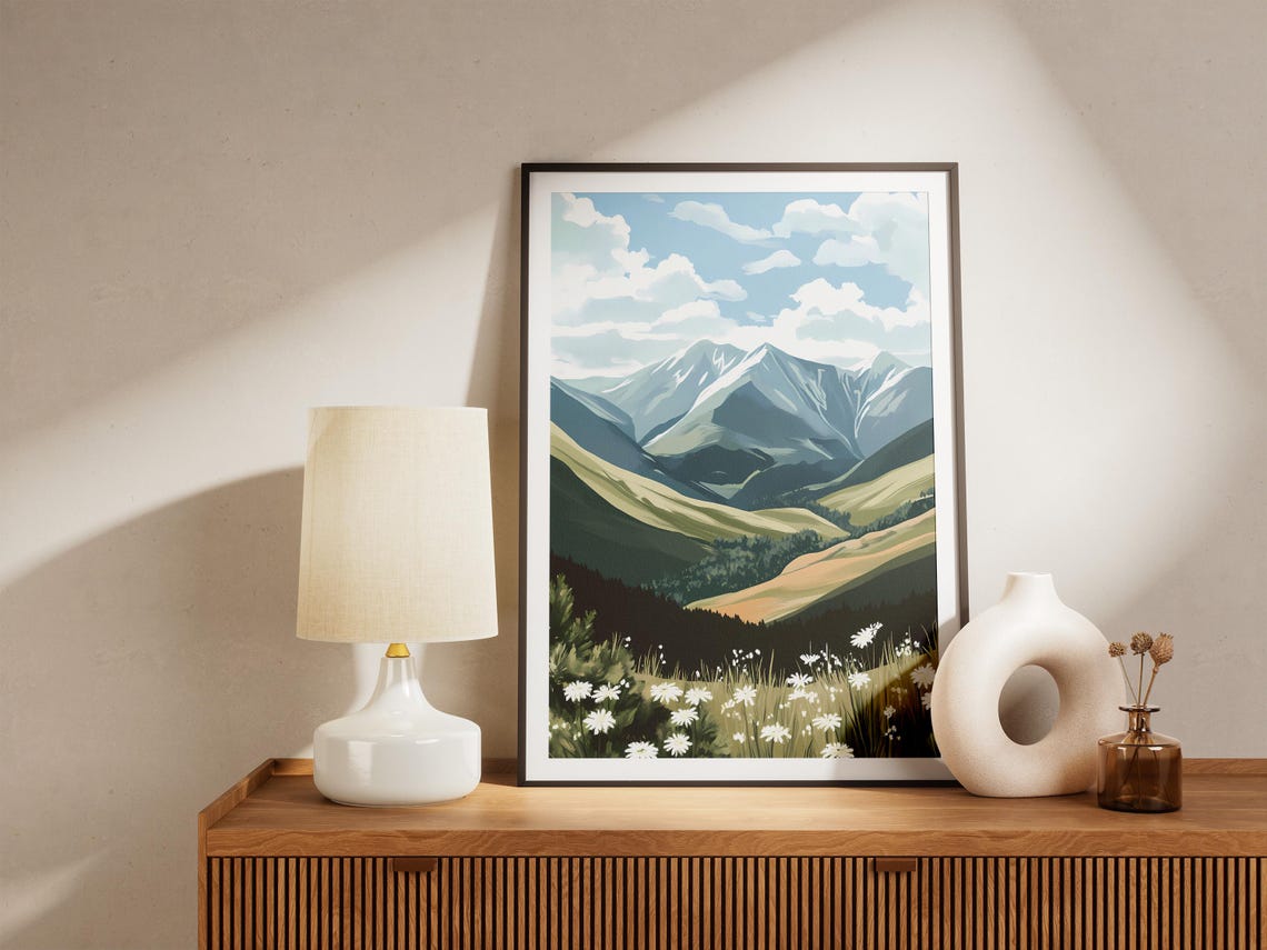 Snow Capped Mountain Valley With White Daisies Meadow Poster - Image 5