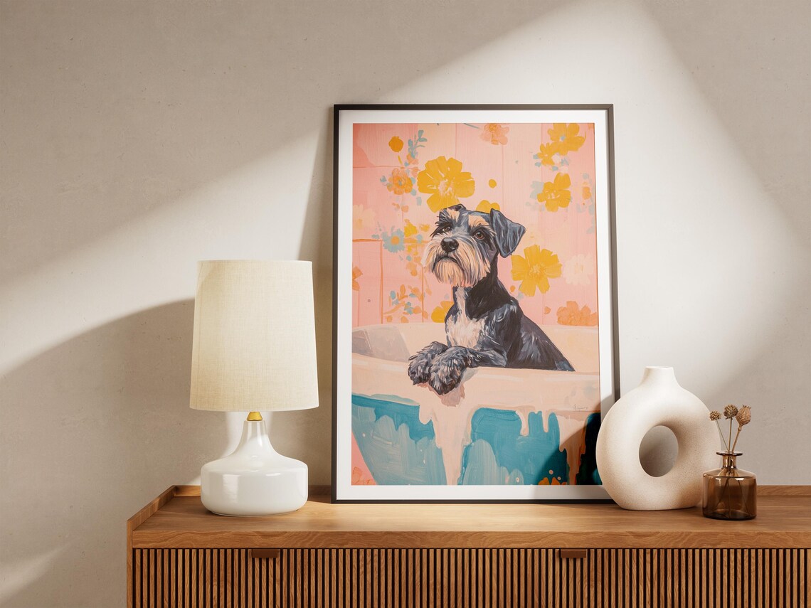 Miniature Schnauzer Bubble Bath Pink Floral Wallpaper Art Poster - Image 4