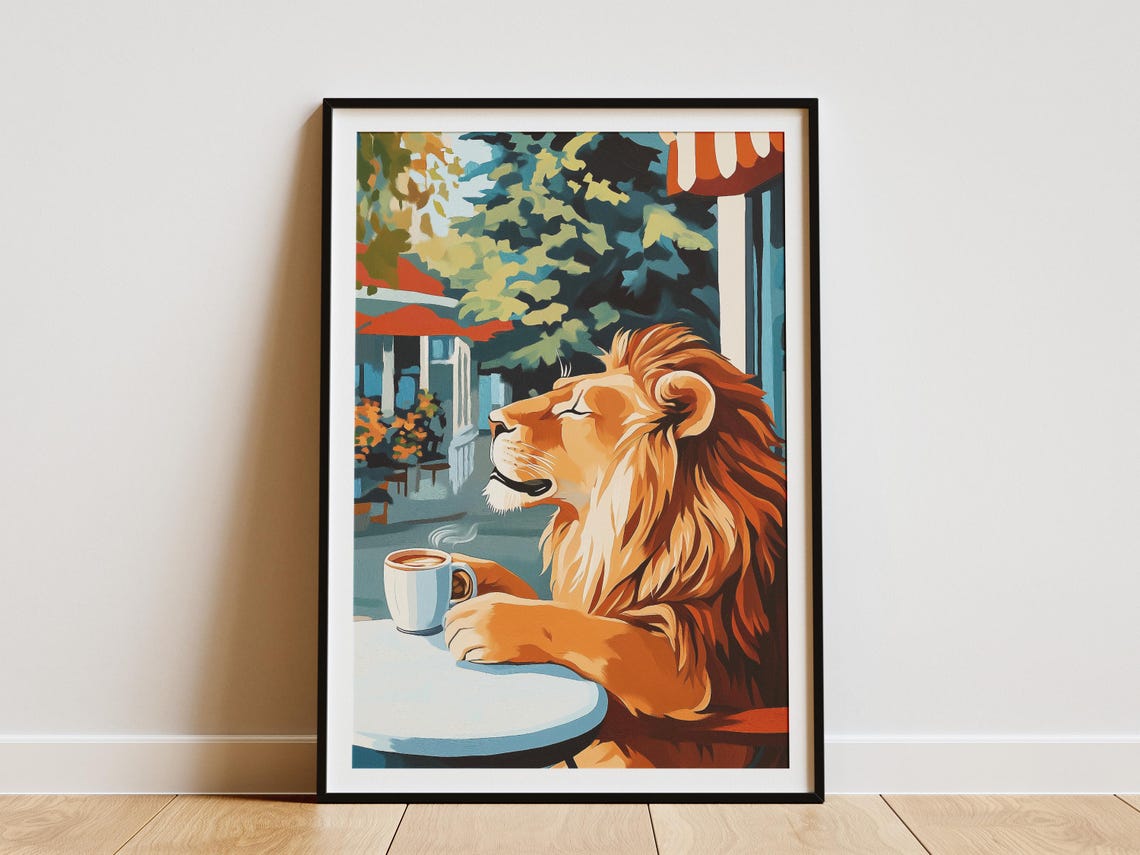 Majestic Lion Savoring Coffee Under Striped Cafe Awnings Poster
