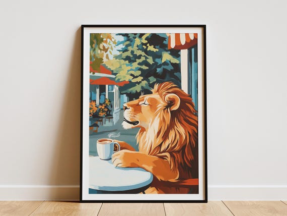 Lion Cafe Poster Coffee Lover Art Print Animal In Wall Drinking Cozy Whimsical