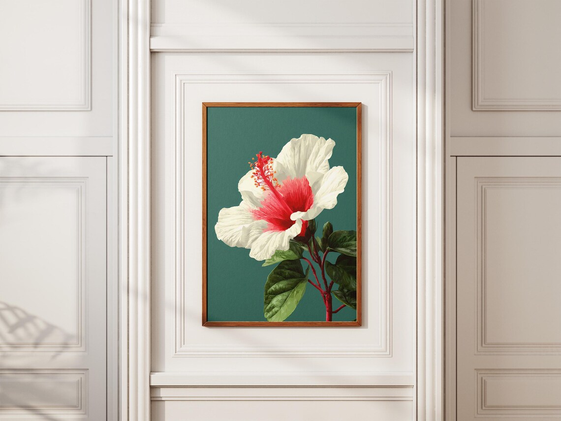 White Hibiscus Flower Botanical Illustration Dark Teal Floral Poster - Image 2