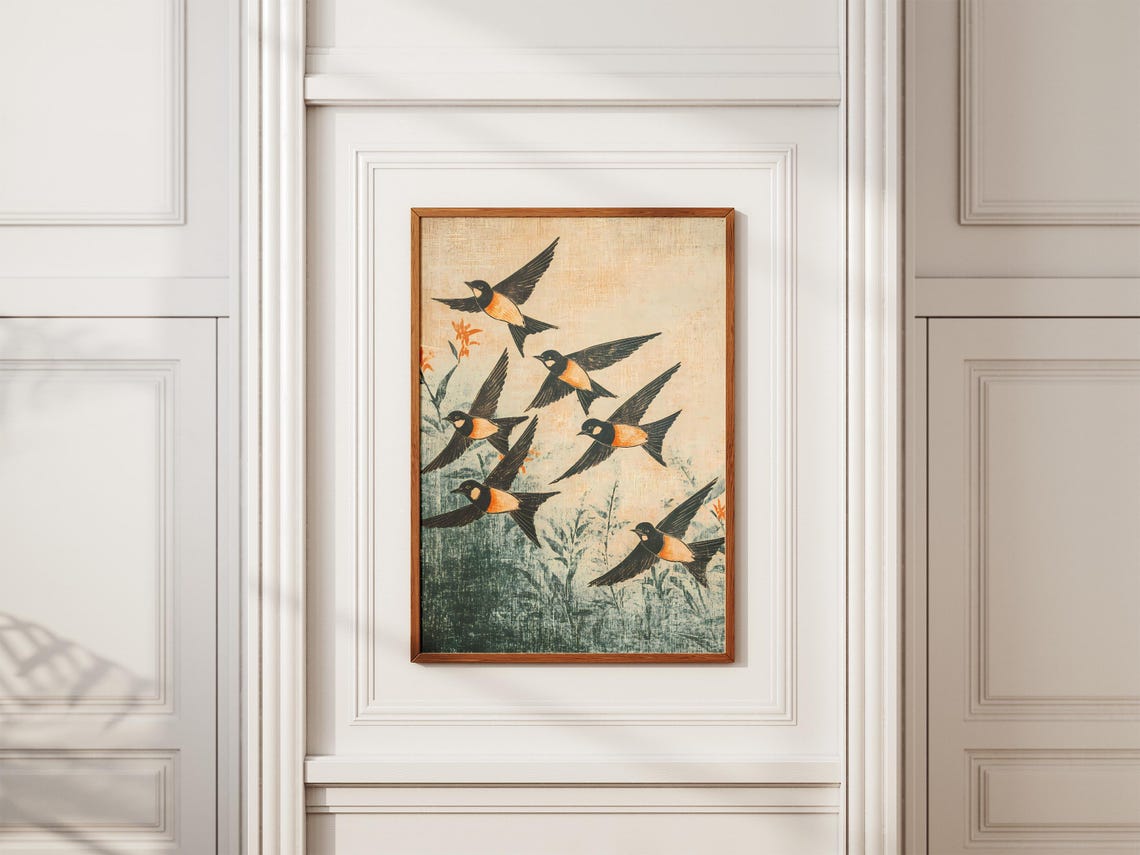 Six Black Orange Swallows In Flight Over Reeds Woodblock Poster - Image 2