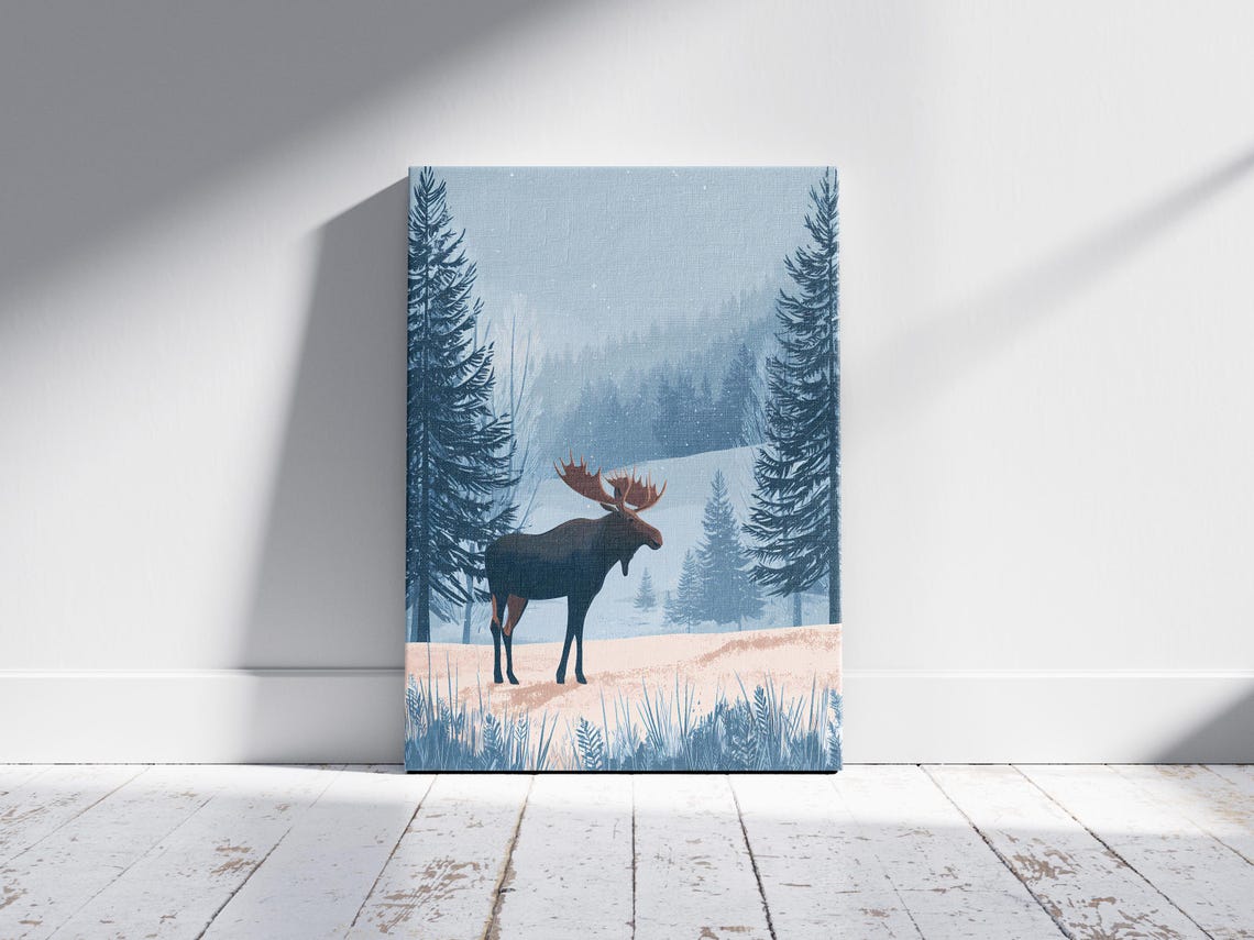 Moose Standing in Snowy Winter Pine Forest Snowfall Art Poster - Image 2