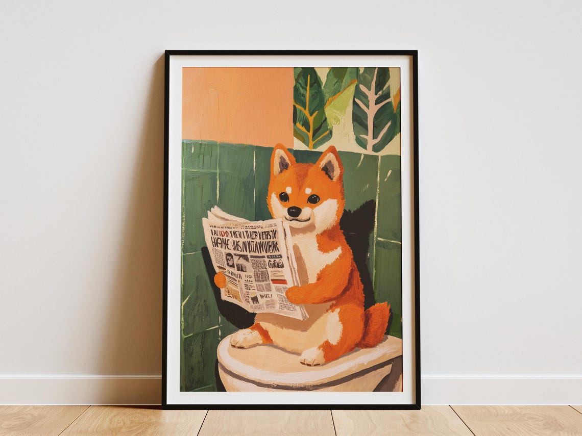 Shiba Inu Puppy Art Print Funny Dog Newspaper Poster Toilet Humor Bathroom Wall Decor Cute Animal Pet Lover Gift Unique Home