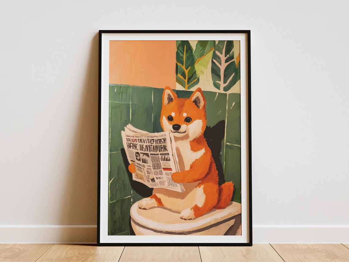 Shiba Inu Reading Newspaper On Toilet Poster Funny Dog Bathroom Art