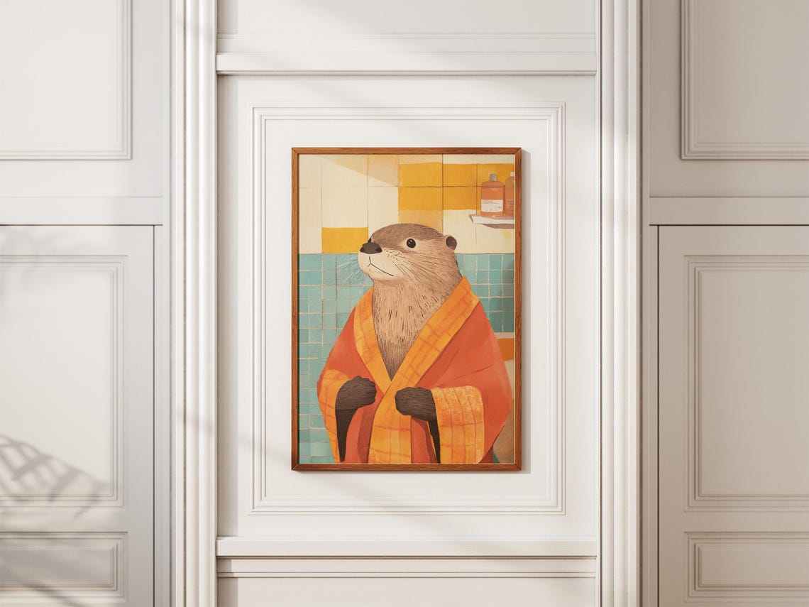 Sweet Otter In Orange Plaid Bathrobe Retro Bathroom Fun Poster - Image 2