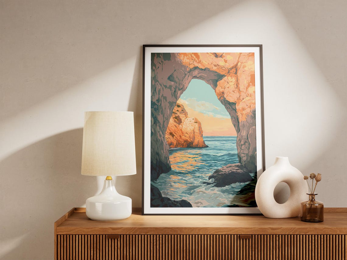 Sunset Sea View Through a Golden Rocky Coastal Arch Window Poster - Image 5