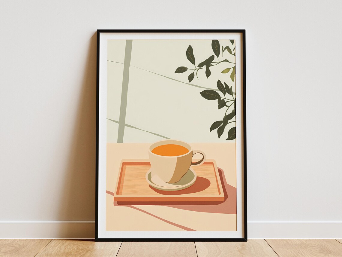 Minimalist Tea Cup Wooden Tray Calm Beige Botanical Kitchen Poster