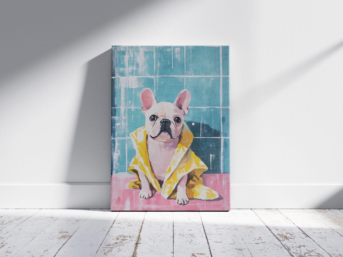 French Bulldog Puppy in Yellow Bathrobe Teal Tile Bath Poster - Image 2