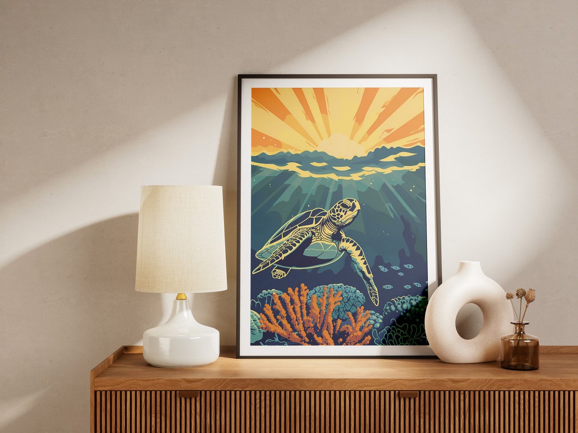 Sea Turtle Coral Reef Underwater Vintage Sunrise Ocean Poster - Image 2