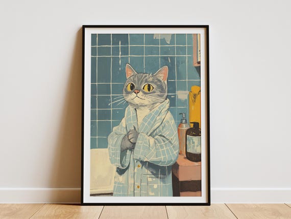 British Shorthair Cat Bathrobe Poster Bathroom Wall Art Funny Animal Print Humorous Lover Gift Unique Home Decor Cute Pet Illustration