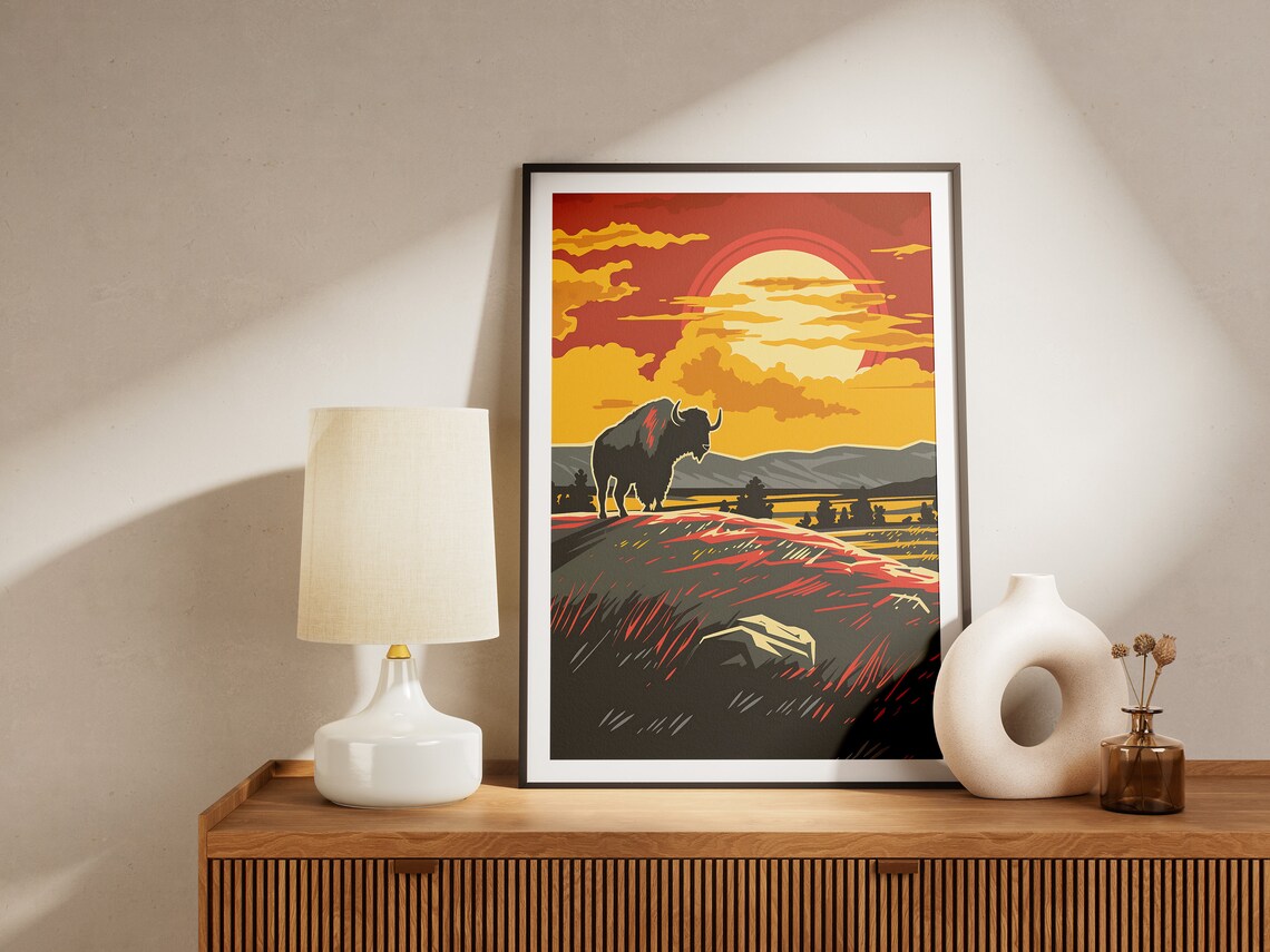 Bison Silhouette on Prairie Sunset Retro Vintage Travel Poster - Image 2