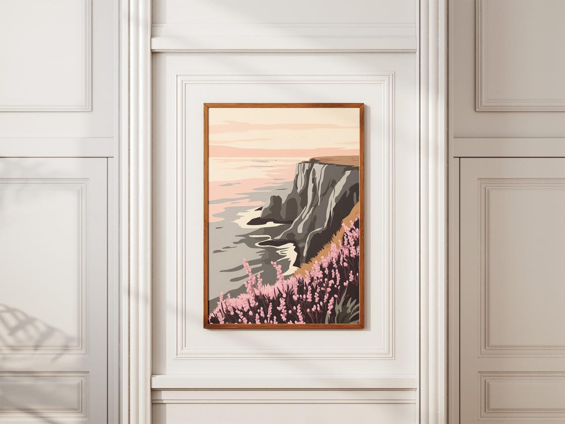 Coastal Cliff Heather Ocean Sunset Landscape Illustration Poster - Image 2