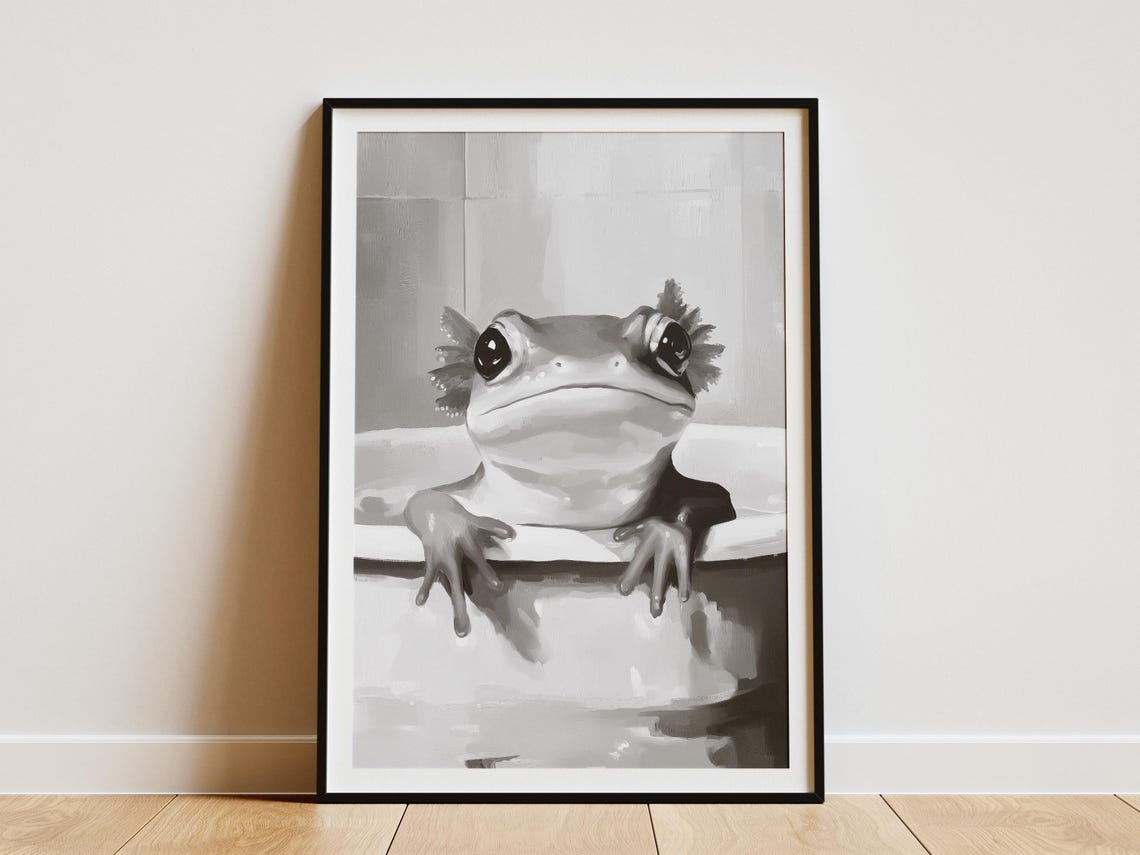 Axolotl In Bathtub Poster Black And White Cute Animal Wall Decor