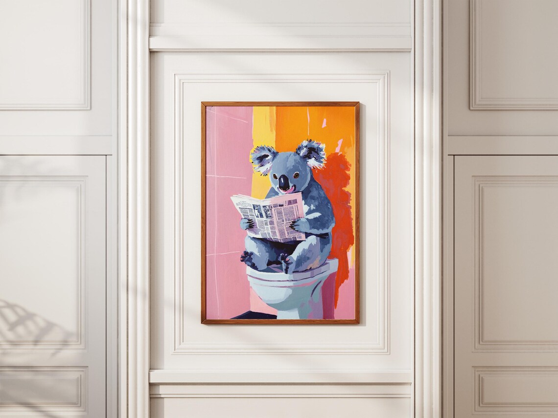 Adorable Koala Reading Newspaper On Toilet Pink Bathroom Poster - Image 2