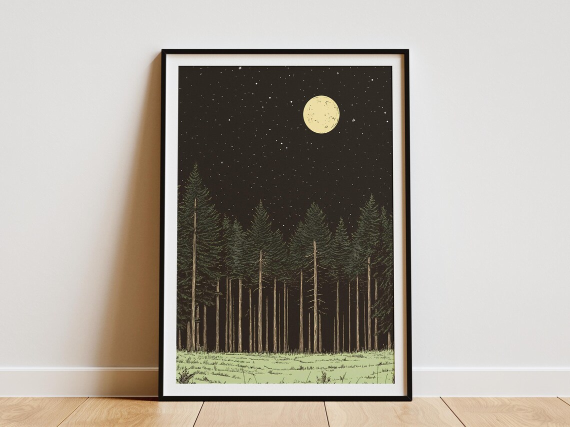 Bialowieza Forest Moonlit Pine Trees Meadow Night Poland Nature Art Poster