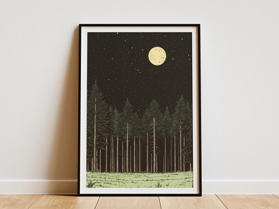 Bialowieza Forest Moonlit Pine Trees Meadow Night Poland Nature Art Poster