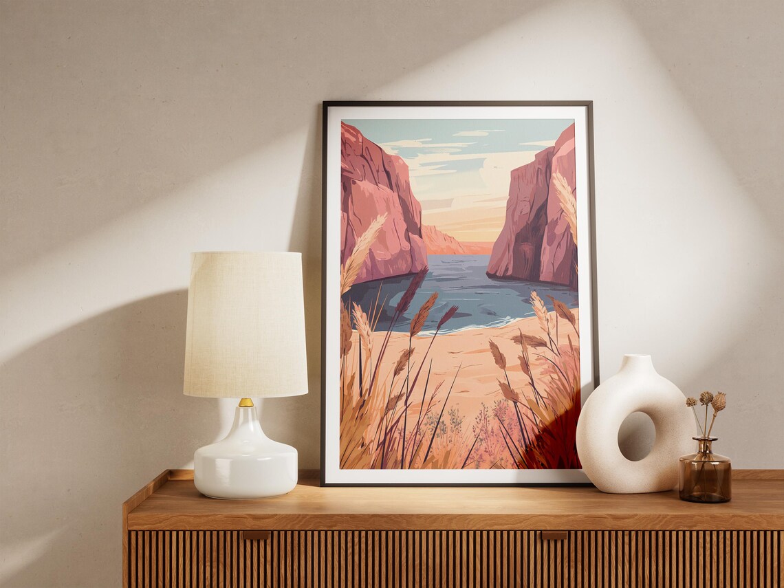 Sunset Over Red Rock Canyon Lake Golden Hour Illustration Poster - Image 5
