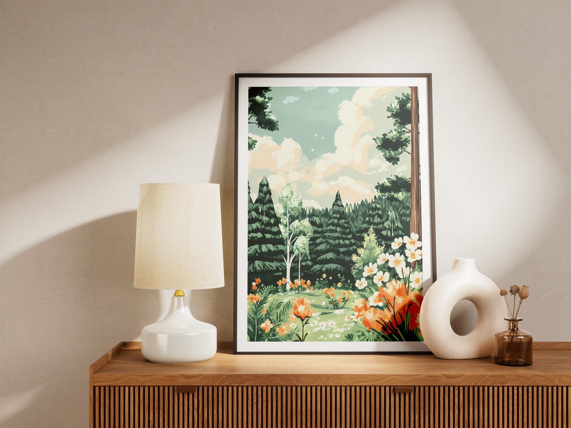 Pine Forest Meadow with Bright Orange Poppies and Blue Sky Poster - Image 5