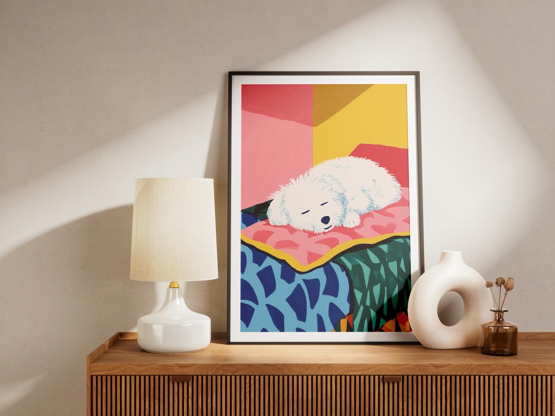Small White Dog Sleeping on Colorful Quilts in a Playful Modern Art Poster - Image 4