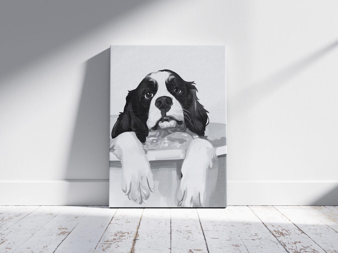 Cavalier King Charles Spaniel in Bathtub Black White Cute Decor Poster - Image 2