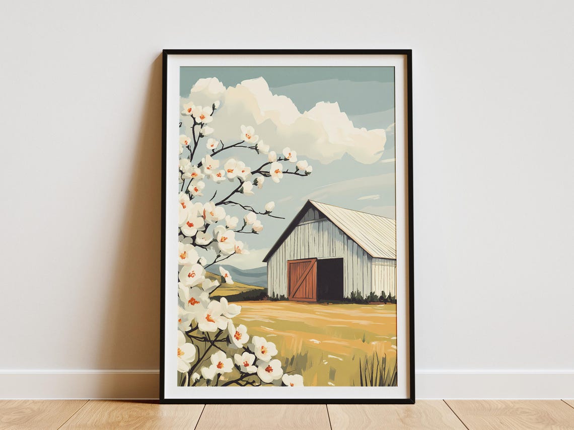 White Barn with Red Door and Blooming Apple Blossom Branches Poster