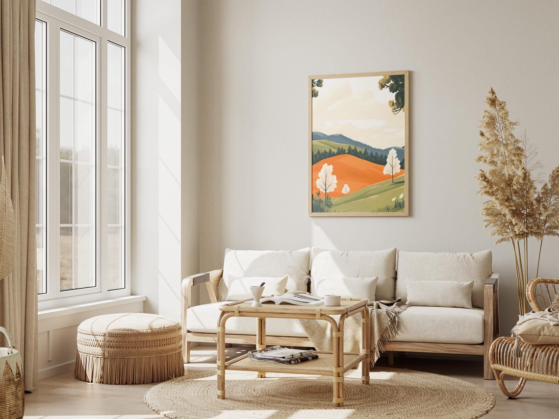 Orange Hill With White Spring Trees Minimalist Modern Landscape Poster - Image 4