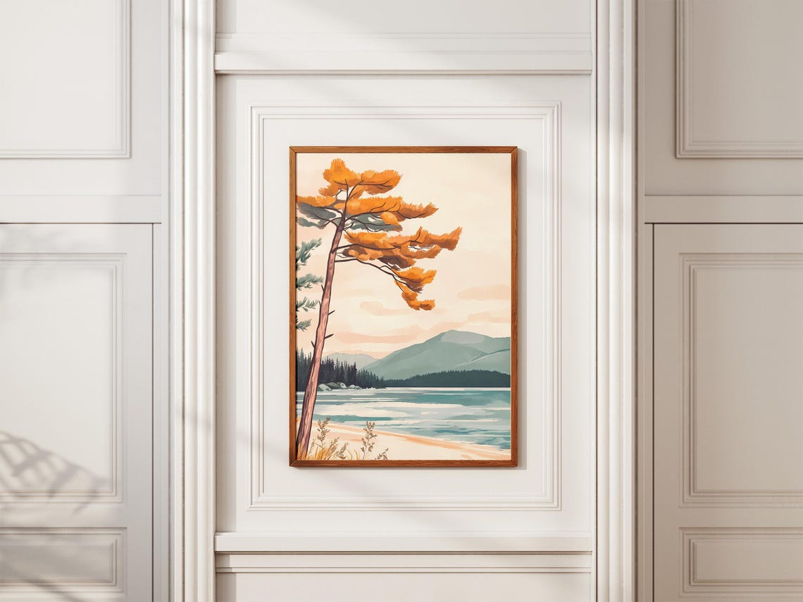 Tall Golden Pine Tree Standing By A Calm Mountain Lake Poster - Image 2
