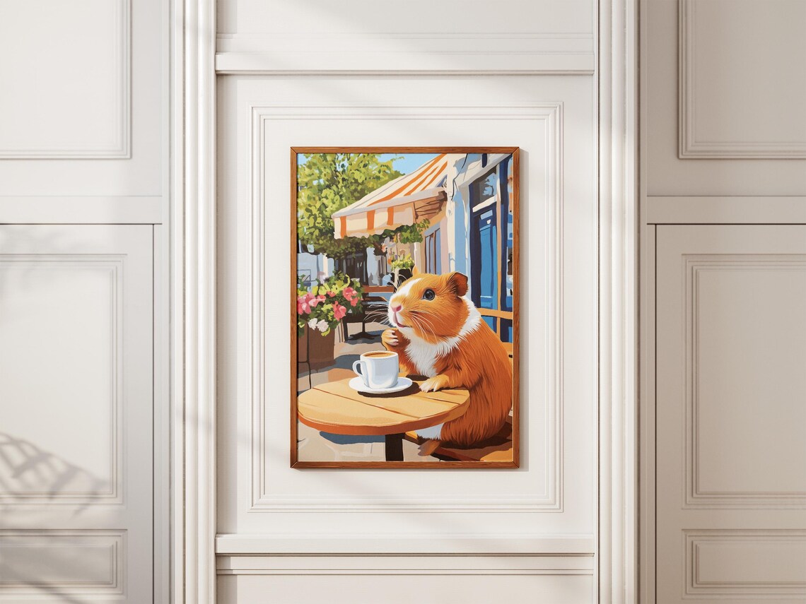Plump Guinea Pig at Outdoor Cafe Table with Coffee Cup Poster - Image 2