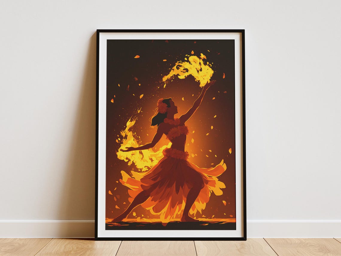 Hawaiian Fire Dancer Night Flames Luau Performance Art Poster