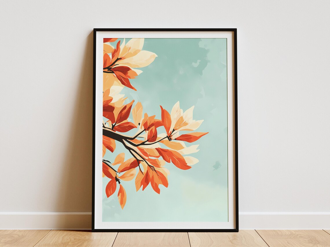 Autumn Magnolia Branch Botanical Watercolor Minimalist Art Poster