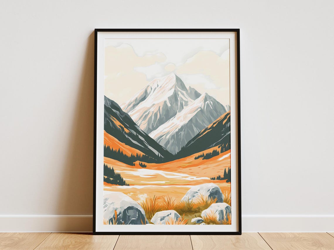 Snow Capped Peak Golden Alpine Valley Rocks Scenic View Poster
