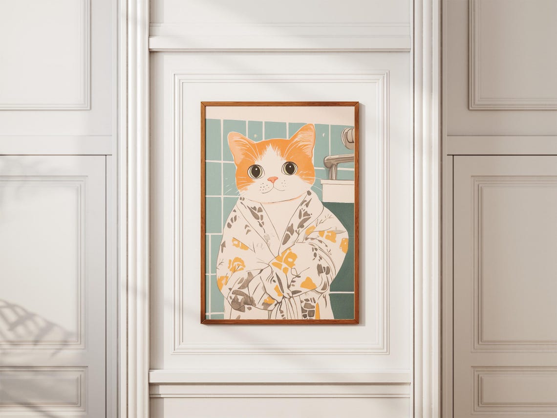 Scottish Fold Kitten Art Print Orange Tabby Cat In Bathrobe Poster Cute Bathroom Wall Funny Illustration Pet Portrait - Image 2