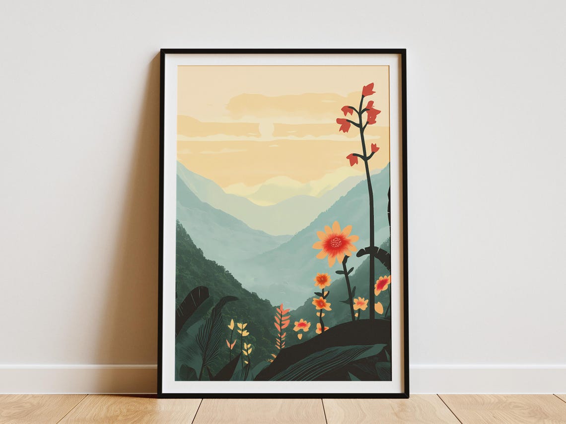 Sikkim Himalayan Misty Mountains Orange Bloom Valley Travel Poster