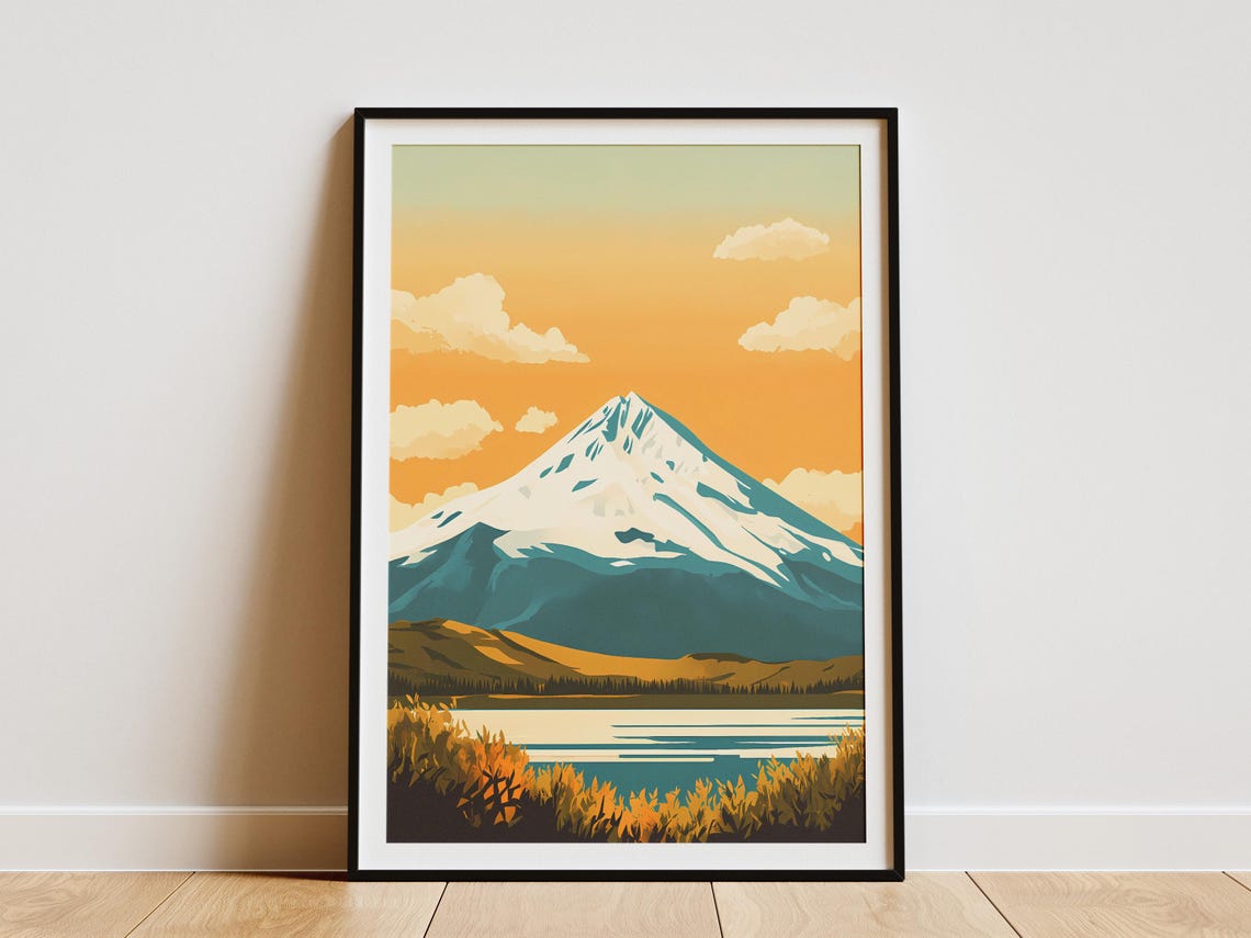 Snow Capped Mountain at Golden Sunset Lake Reflection Poster