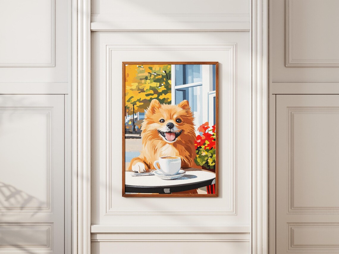 Smiling Pomeranian Dog With Hot Coffee At An Autumn Cafe Poster - Image 2