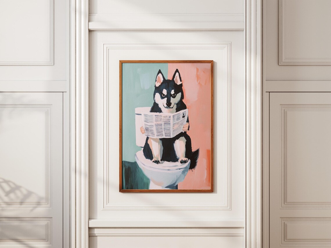 Funny Husky Dog Reading Newspaper On Toilet Cute Husky Poster - Image 2