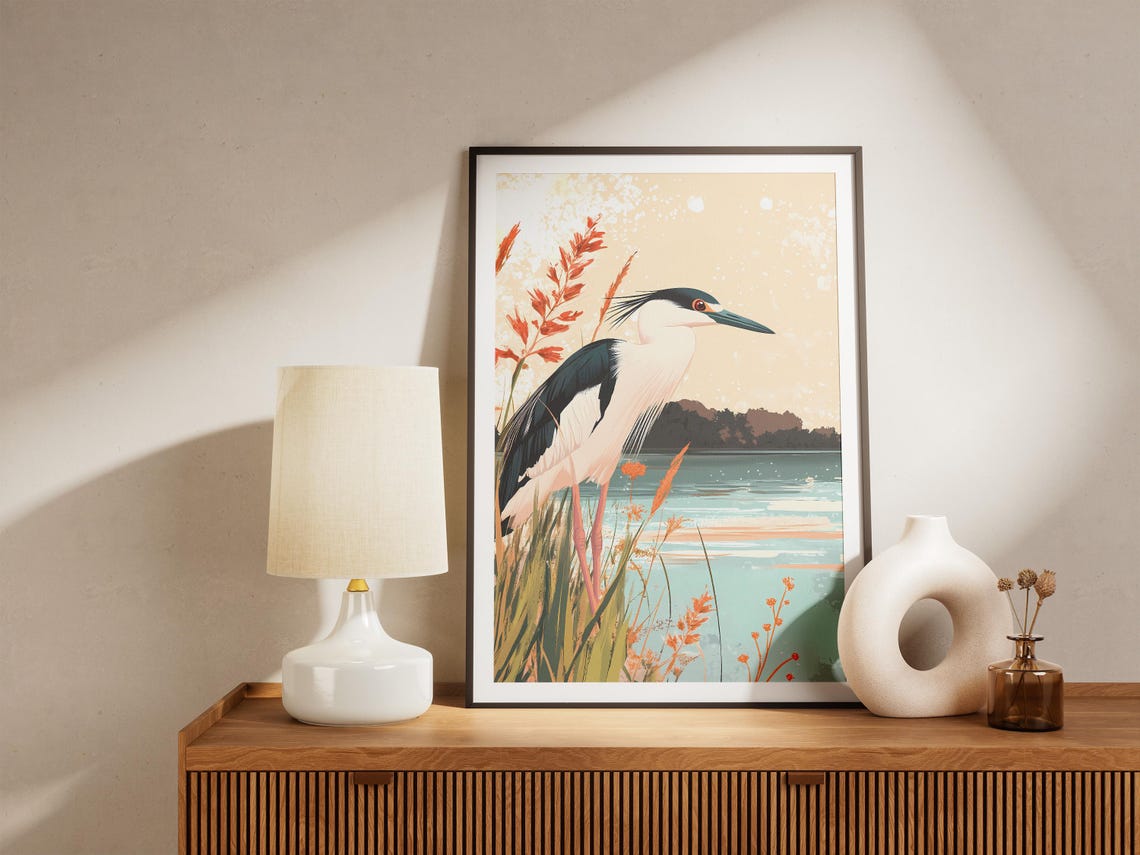 Black-Crowned Night Heron at a Lagoon Bird Illustration Poster - Image 5