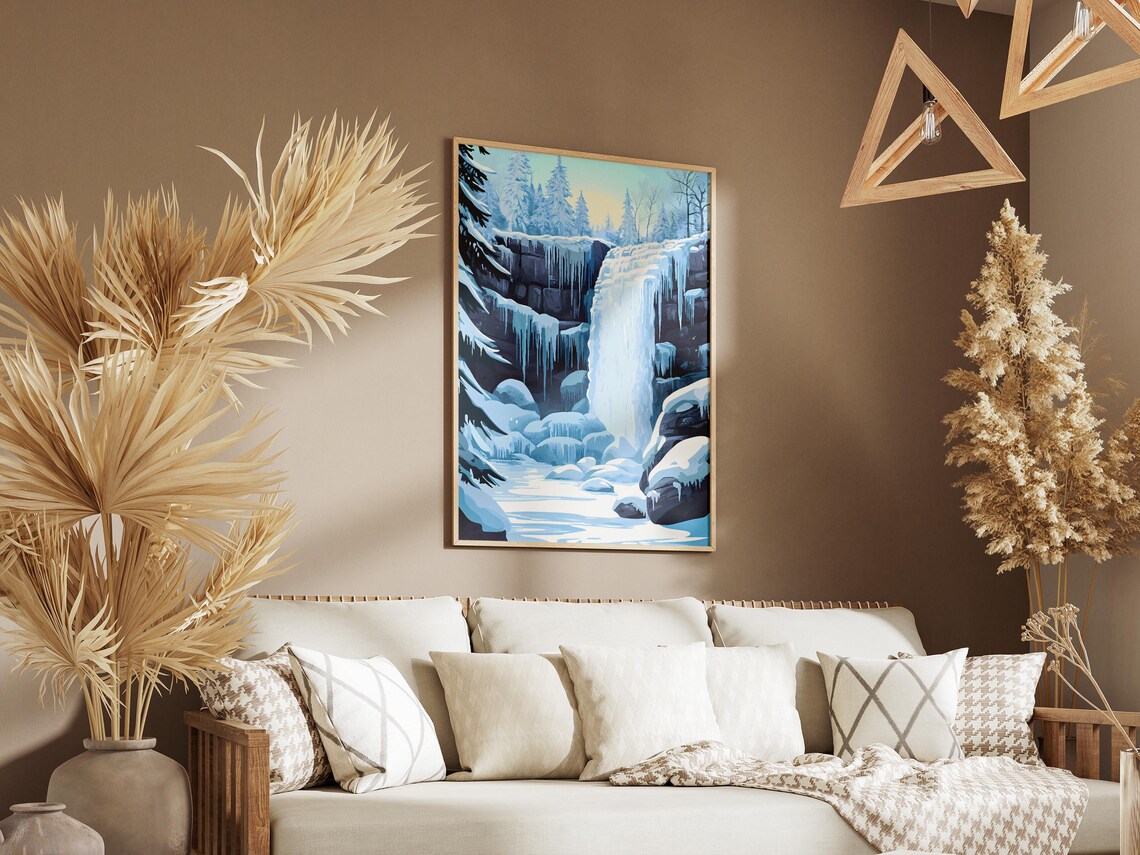 Frozen Blue Waterfall Icy Cascades Winter Landscape Art Poster - Image 3