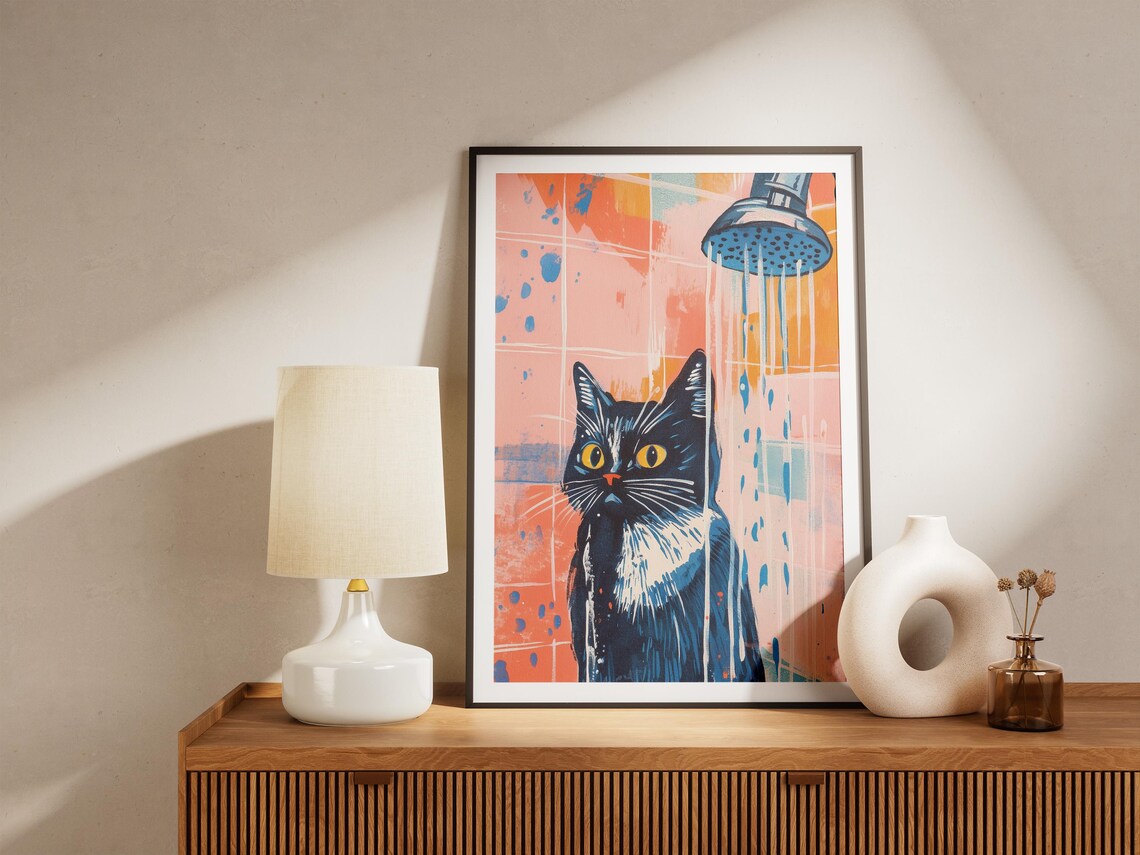 Black Cat in Shower Pop Art Orange Blue Bathroom Funny Poster - Image 5