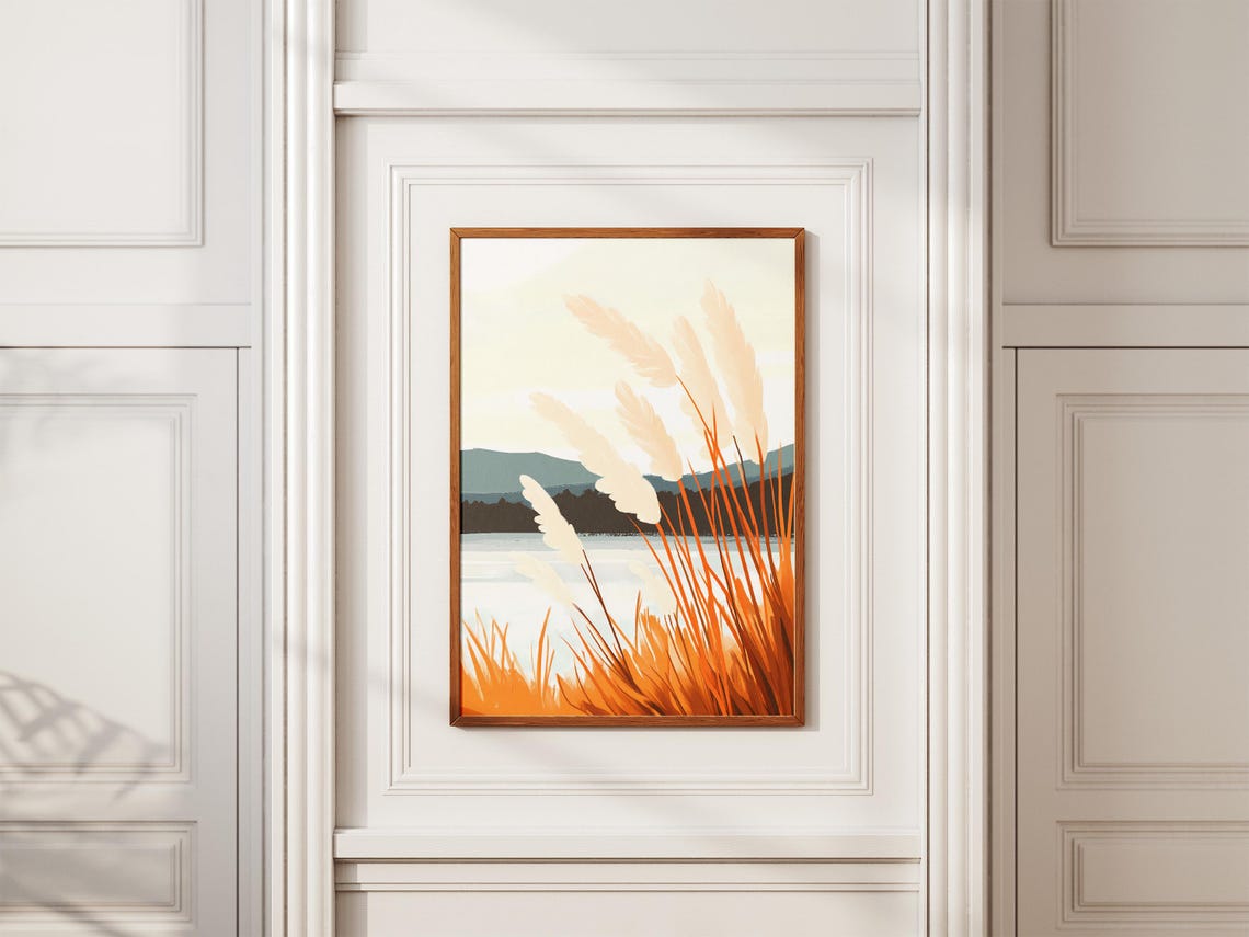 Autumn Pampas Grass By The Lake Golden Light Landscape Poster - Image 2