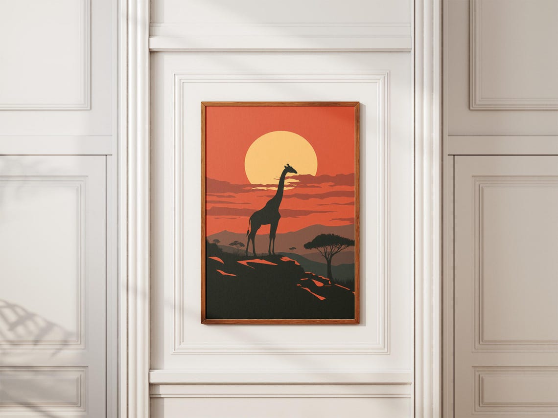 African Safari Sunset Giraffe Silhouette with Orange Sun Poster - Image 2