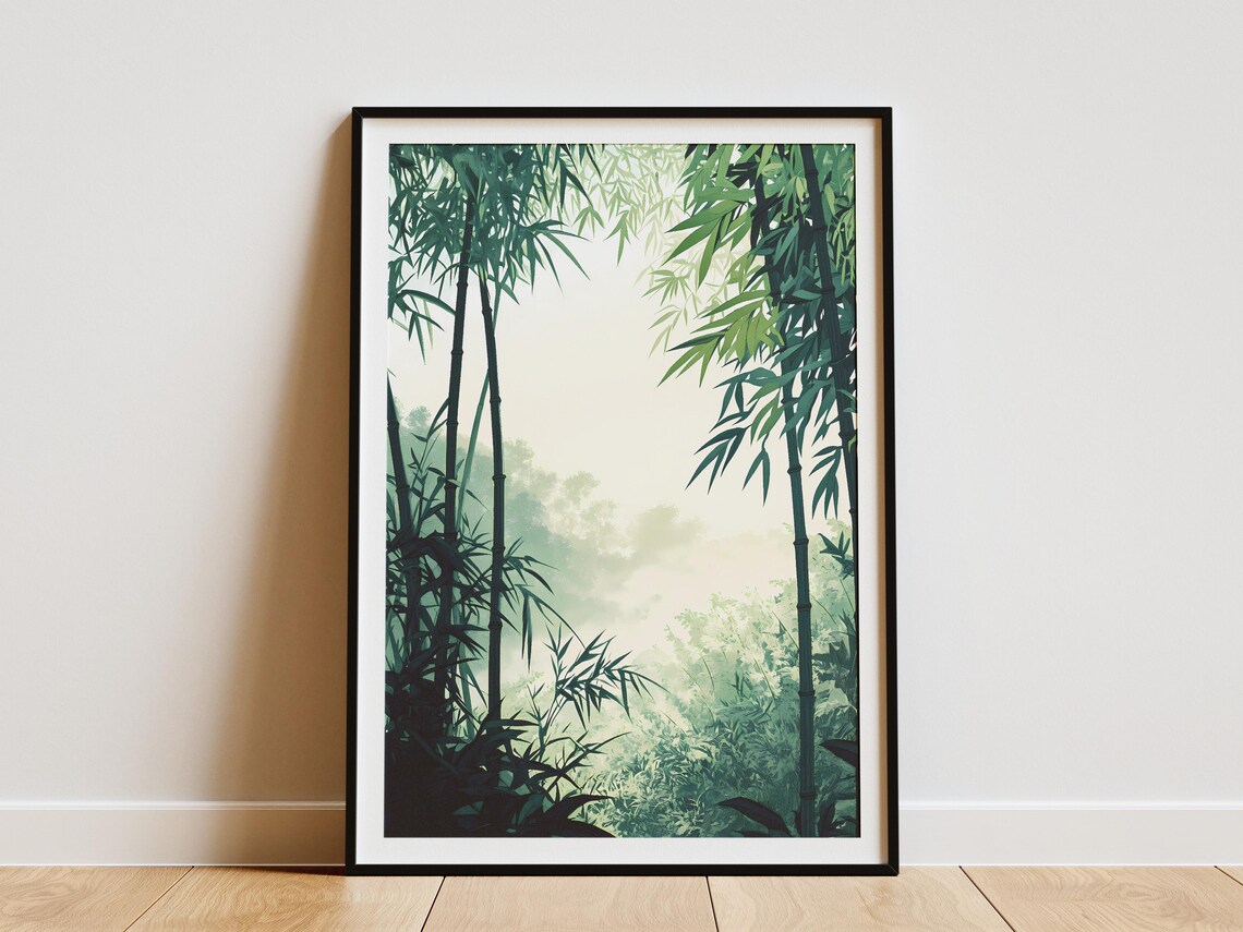 Misty Green Bamboo Forest Calm Zen Botanical Illustration Art Poster