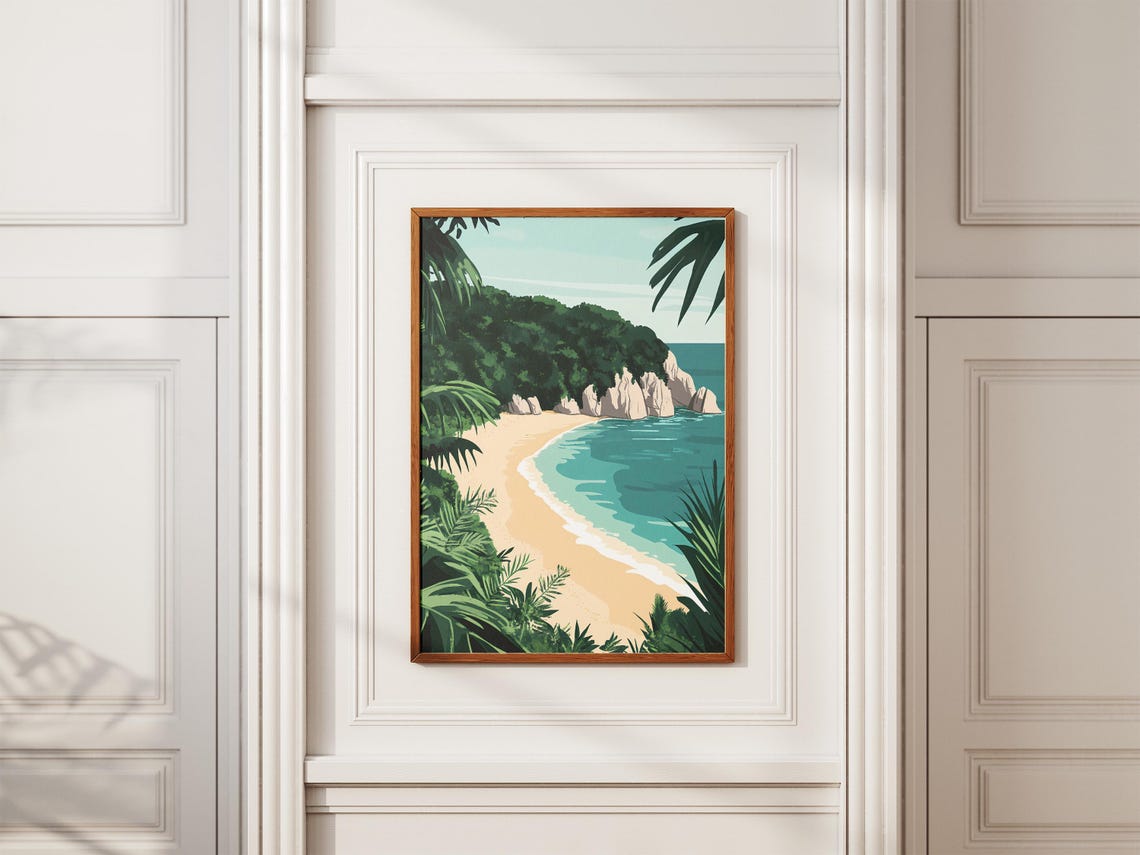 Secluded Tropical Beach Curved Bay Framed By Palm Trees Poster - Image 2
