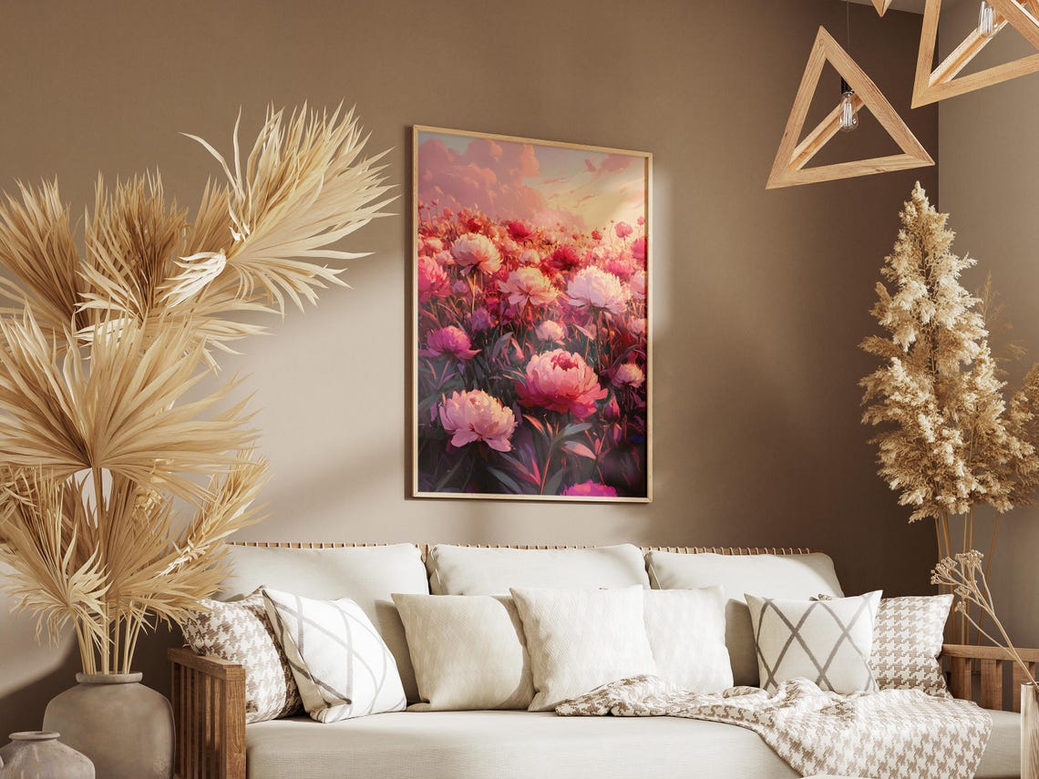 Pink Peonies Field Romantic Floral Sunset Blush Illustration Poster - Image 3