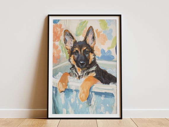 German Shepherd Puppy Bathtub Print Dog Lover Gift Cute Animal Wall Art Pet Portrait Poster In Tub Home Decor